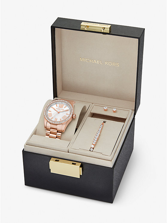 MICHAEL KORS Lexington Pavé Rose Gold-Tone Watch and Jewelry Gift Set