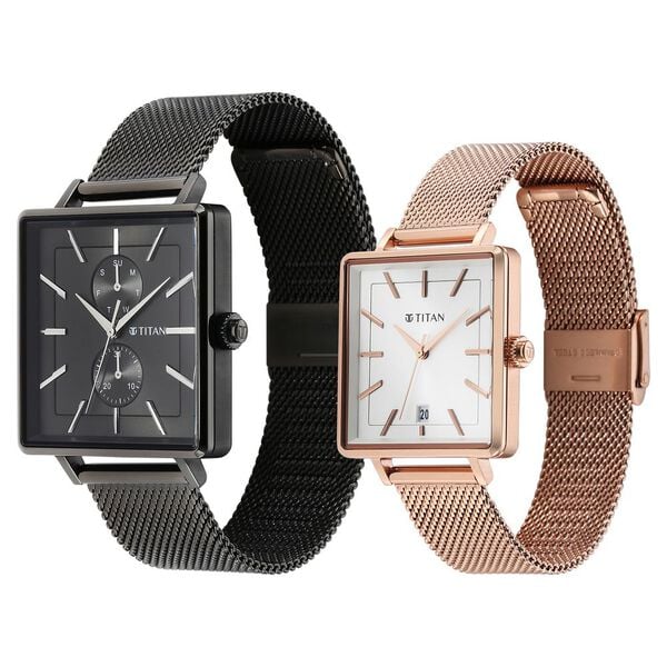 Titan Bandhan Black Dial Quartz Multifunction Stainless Steel Strap watch for Couple