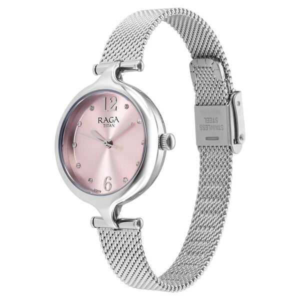 Titan Raga Showstopper Quartz Analog Pink Dial Silver Metal Strap Watch For Women