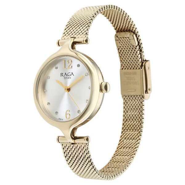 Titan Raga Showstopper Quartz Analog Silver Dial Golden Metal Strap Watch For Women