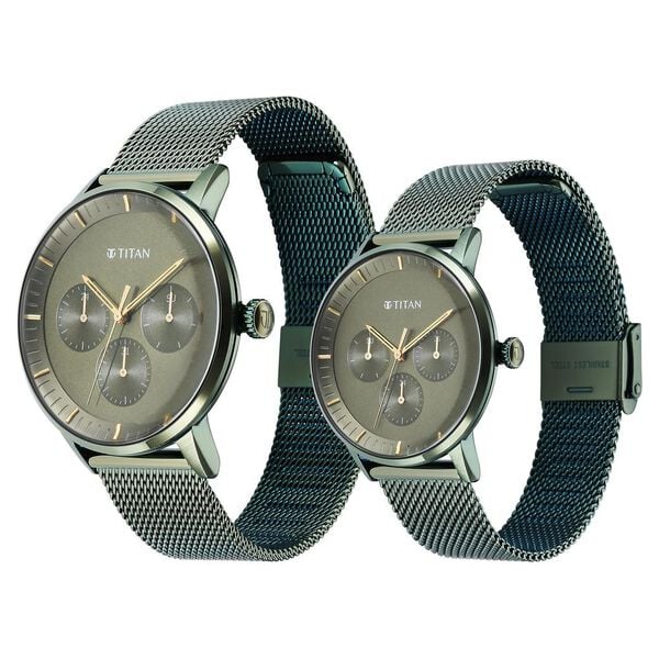 Titan Bandhan Green Dial Quartz Multifunction Stainless Steel Strap watch for Couple