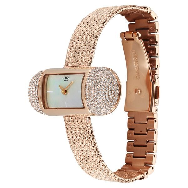 Titan Raga Memoirs Quartz Analog Mother Of Pearl Dial Watch For Women With Rose Gold Metal Strap